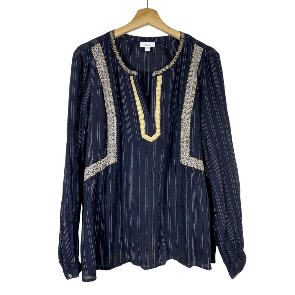 J. Jill Embroidered Tunic Peasant Top L Black Gold Long Sleeve Boho Gauze Stripe